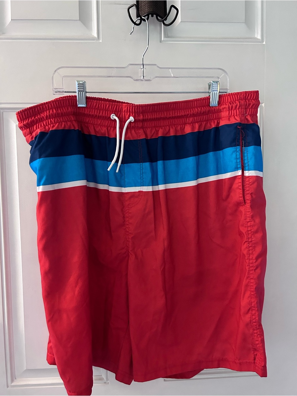 Old Navy Red Striped Athletic Swim Shorts with Blue Accents